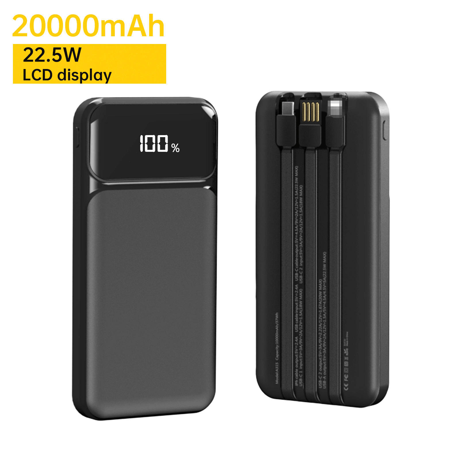 ASPOR A316 20000mAh 22.5W fast charging power bank with built-in cable black portable charger for iPhone and Android devices