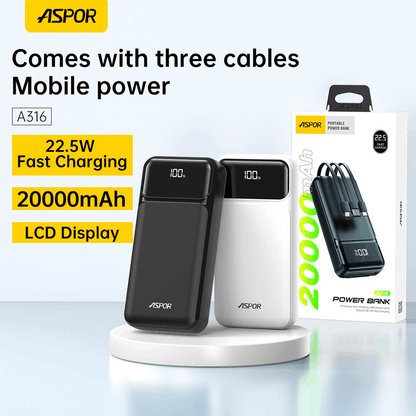 ASPOR A316 20000mAh 22.5W fast charging power bank with built-in cable black portable charger for iPhone and Android devices