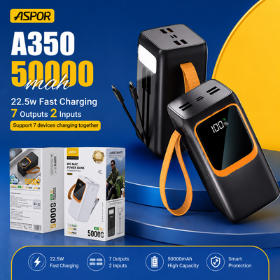 Aspor A350 50000mAh 22.5W Fast Charging Power Bank with Built-in Cables & Flashlight