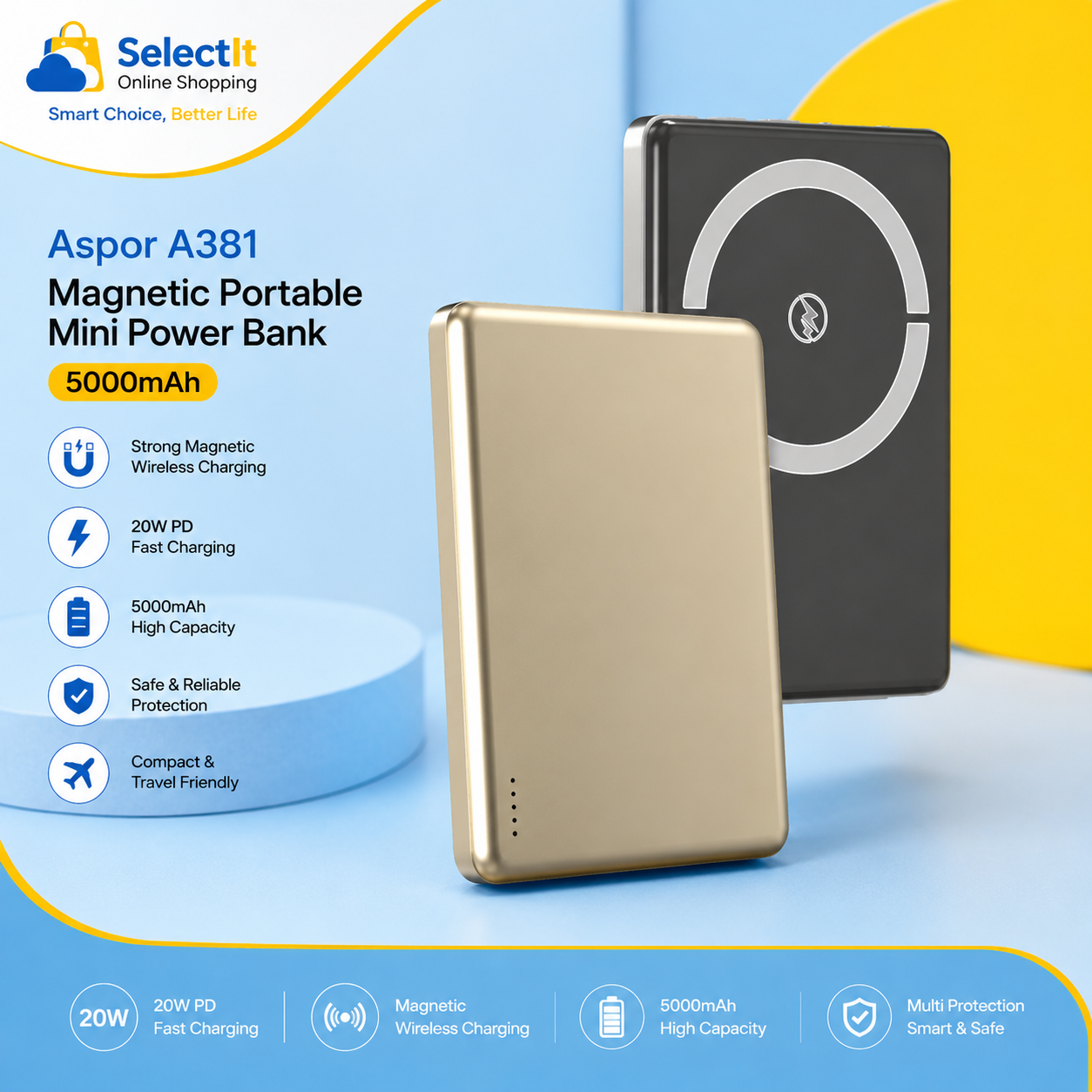 Aspor A381 Magnetic Portable Mini 5000mAh Wireless Power Bank 20W PD Fast Charging
