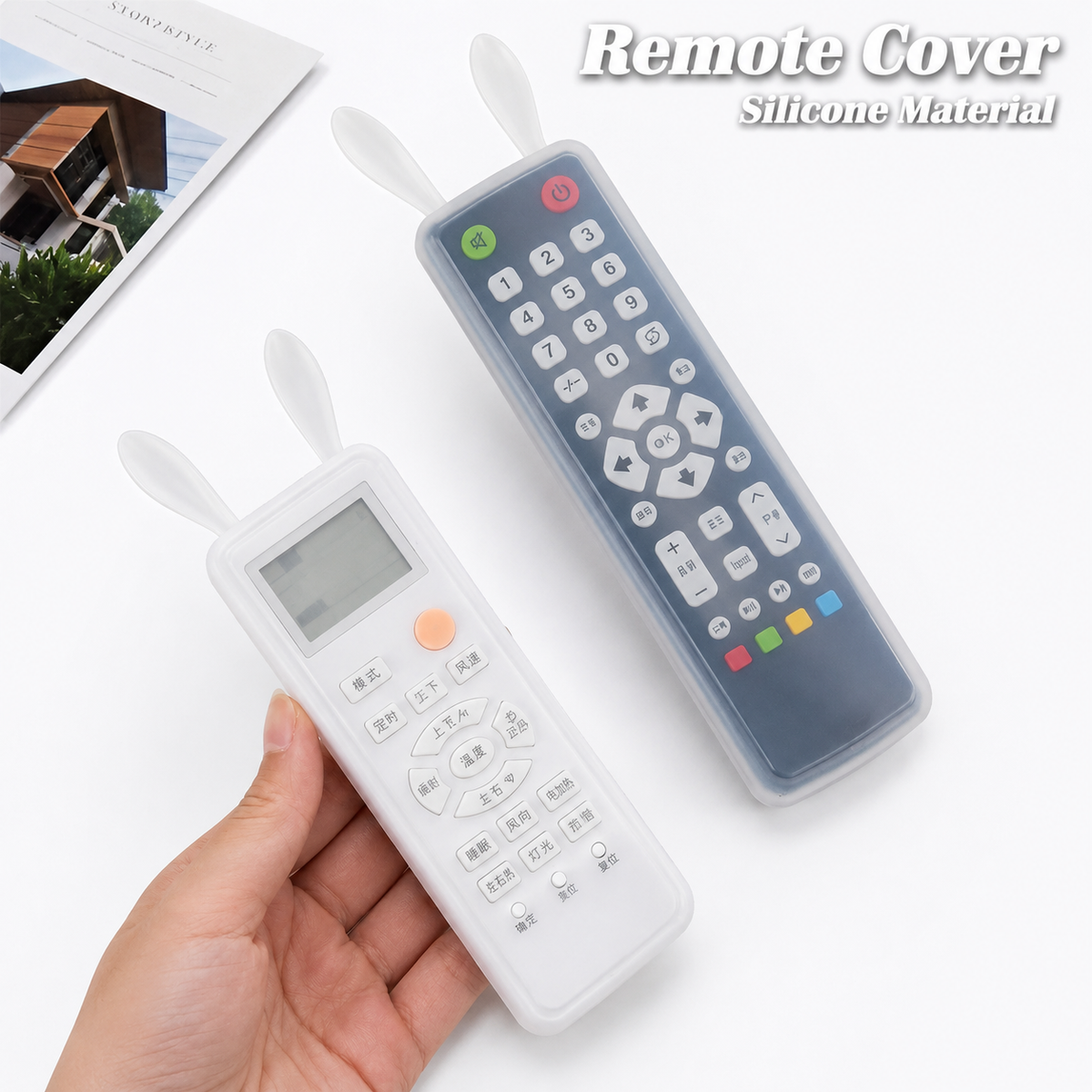 Silicone TV Remote Control Protective Cover Rabbit Ears | Glow-in-the-Dark AC / TV Dustproof Case (Large & Small) White