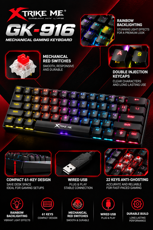 Xtrike Me GK-916 61-Key Mechanical Gaming Keyboard – Rainbow Backlit, Wired USB