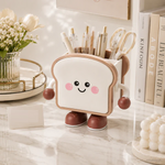 Multi shape pen holder with cute cartoon bread and biscuit design organizing pens and accessories on desk