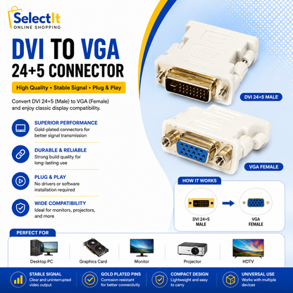 DVI-D male 24+5 to VGA female adapter
