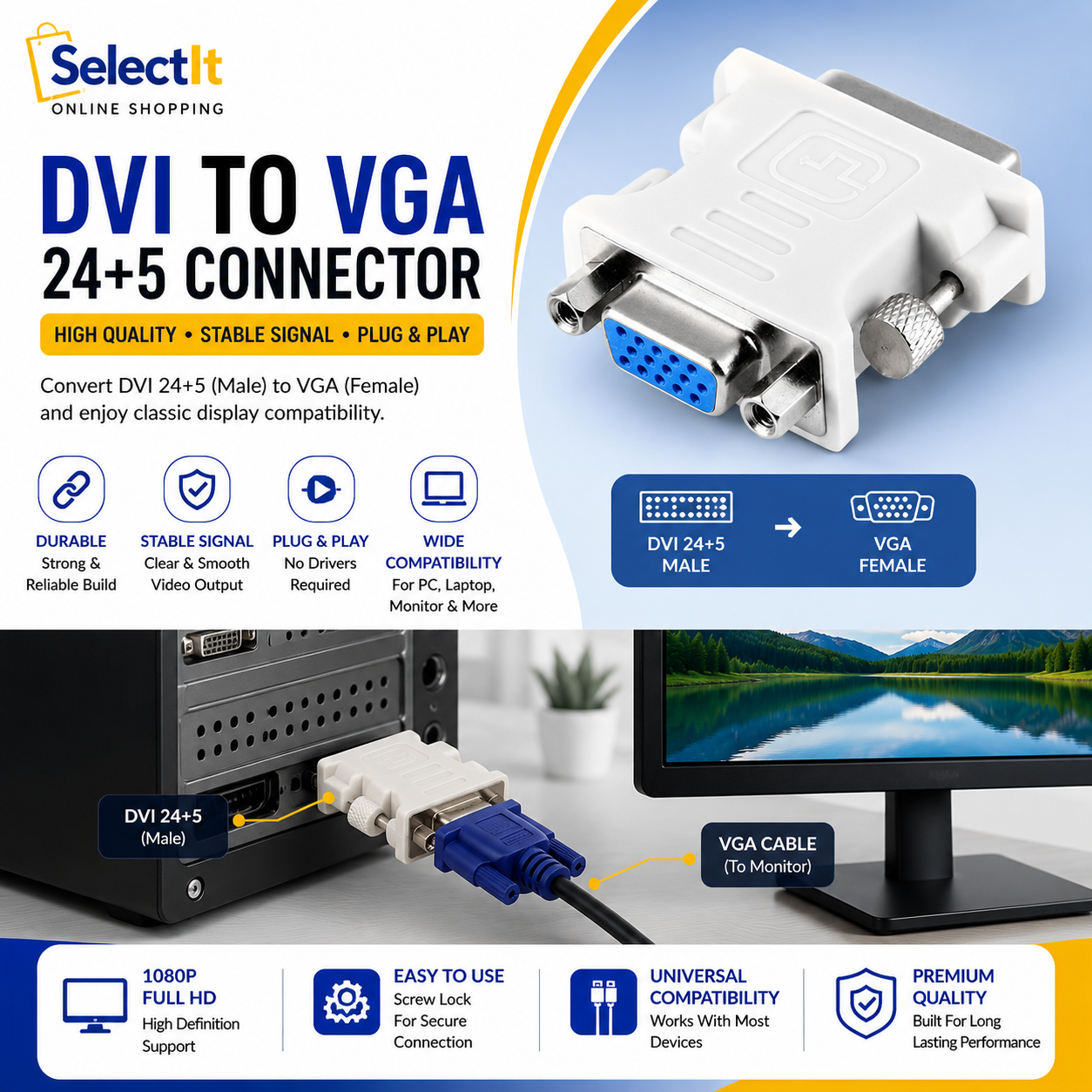 DVI to VGA 24+5 male to female adapter connector
