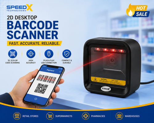 Speed-X 9700 2D CMOS Desktop Barcode Scanner | USB Hands-Free QR Code & Barcode Reader for POS