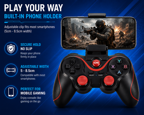 X3 Smart Wireless 2.4G Gaming Controller for PC, Android & Mobile Phones with Adjustable Phone Holder