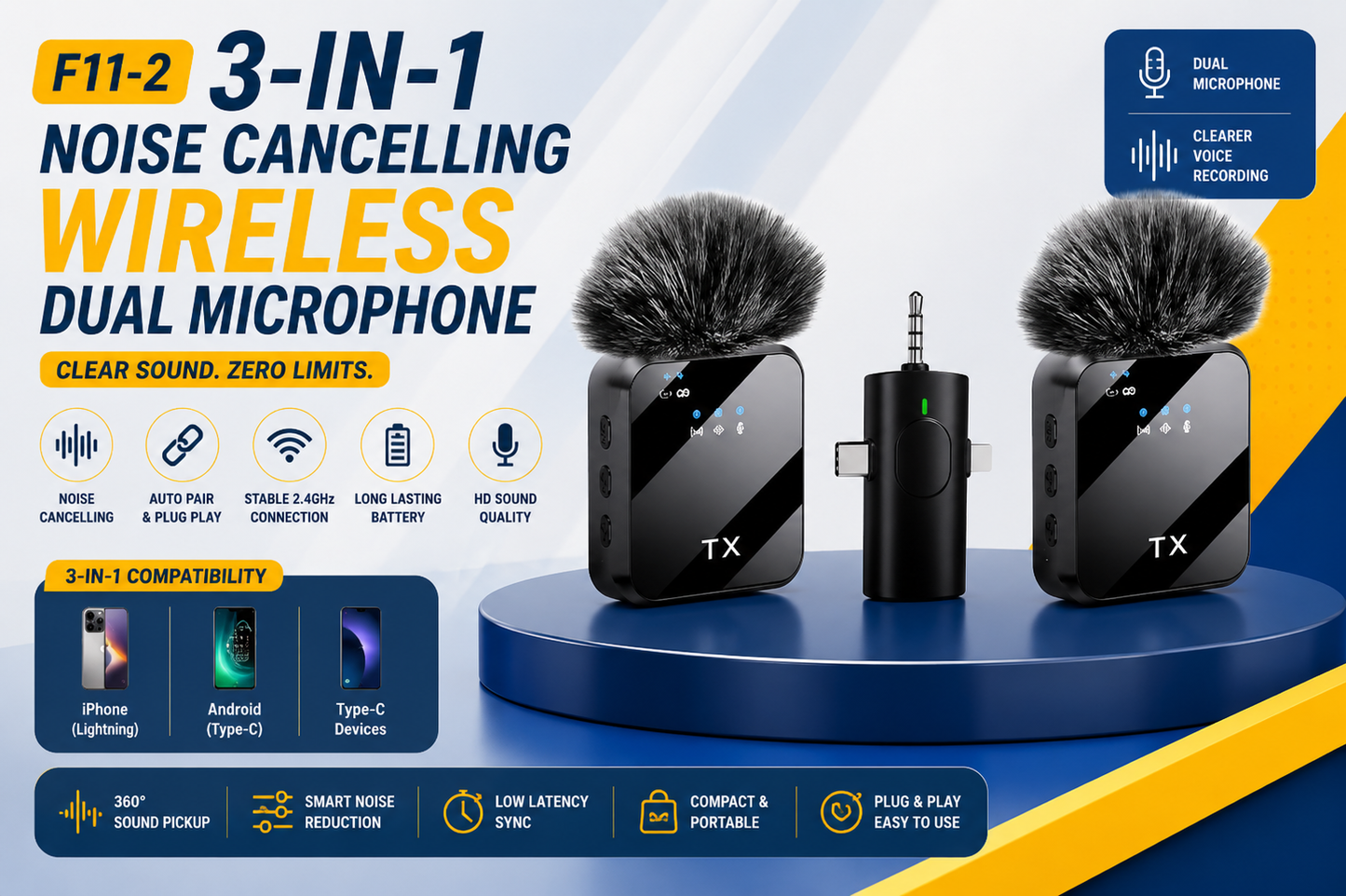 F11-2 3-in-1 Noise Cancelling Wireless Dual Microphone with Charging Case for iPhone Android USB-C Lightning