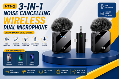 F11-2 3-in-1 Noise Cancelling Wireless Dual Microphone for iPhone, Android & Type-C Podcast Mic