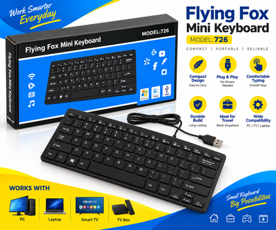 Flying Fox Mini Keyboard 726 | Compact Wireless Mini Keyboard | Portable Keyboard for PC, TV & Laptop