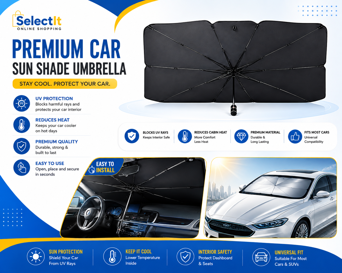 Foldable Car Windshield Sun Shade Umbrella – UV Reflective Front Windshield Sun Protect
