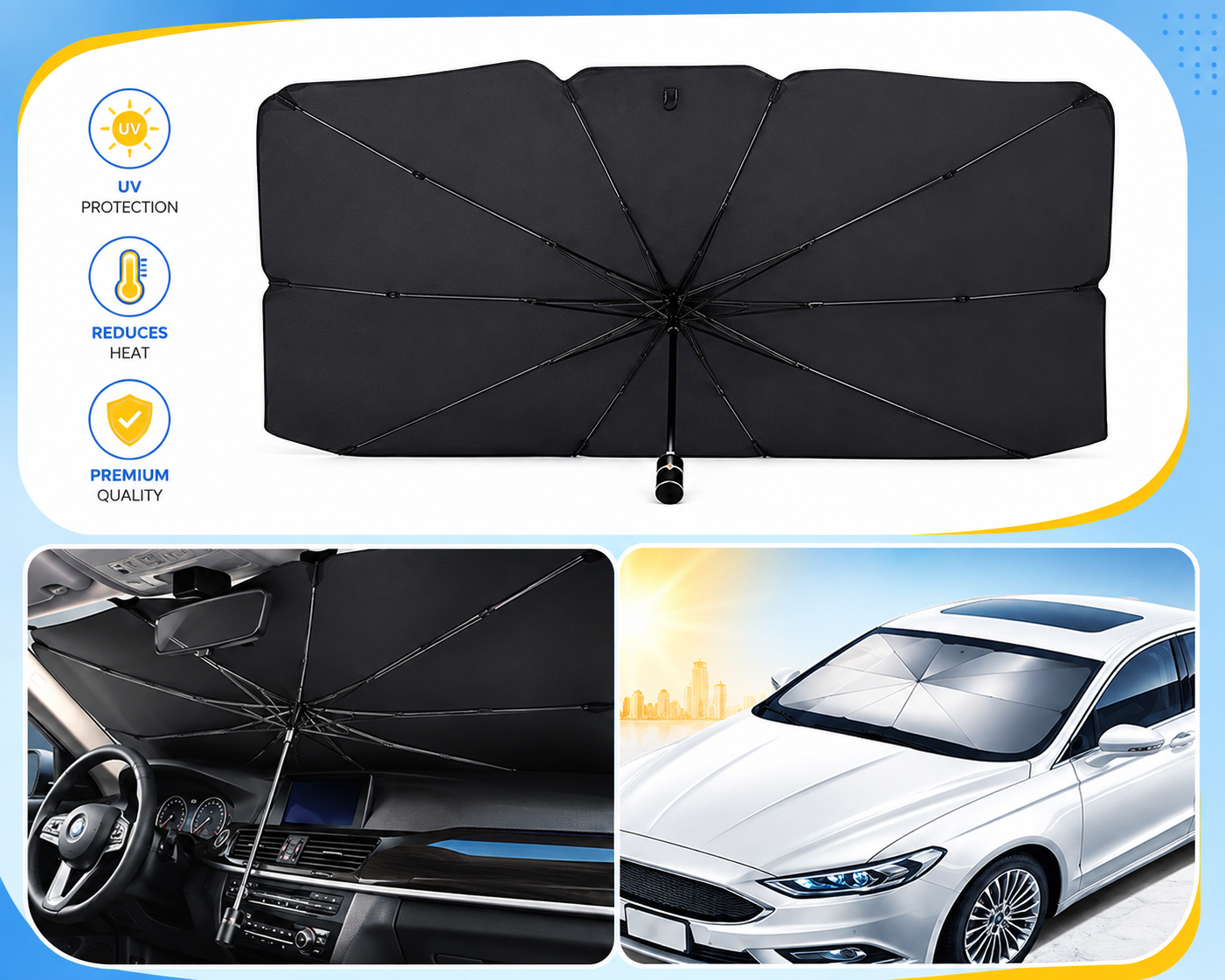 Foldable Car Windshield Sun Shade Umbrella – UV Reflective Front Windshield Sun Protector