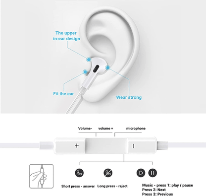 In-ear wired earphones with Lightning 8 Pin connector and microphone compatible with iPhone 14 13 12 11 and iPhone X