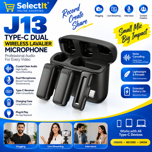 J13 Type-C Dual Wireless Lavalier Microphone with Charging Case | Video Recording Mic, Podcast Mic, Interview Mic