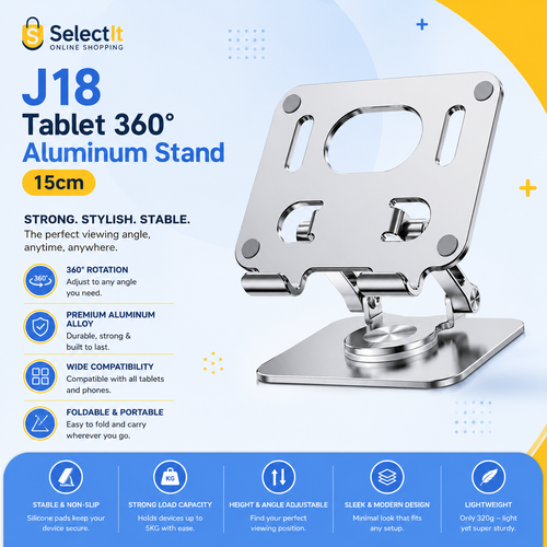 J18 Tablet & Mobile 360° Rotating Aluminum Stand 15cm | Adjustable Foldable Desktop Holder