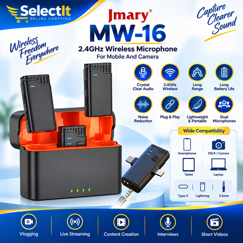Jmary MW-16 2.4GHz Wireless Microphone For Mobile And Camera, Vlogging Microphone, Podcast, Interview Mic