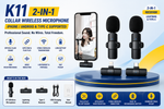 K11 2-in-1 Wireless Lavalier Microphone with Lightning and USB Type-C Receiver for iPhone, Android, Interviews, Vlogging and Live Streaming