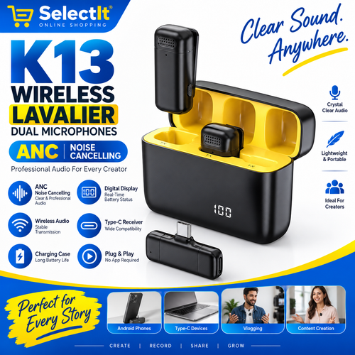 K13 Type-C ANC Dual Wireless Lavalier Microphone K13 Noise Cancelling Microphone - Vlogging Mic, Interview Microphone, Podcast Mic