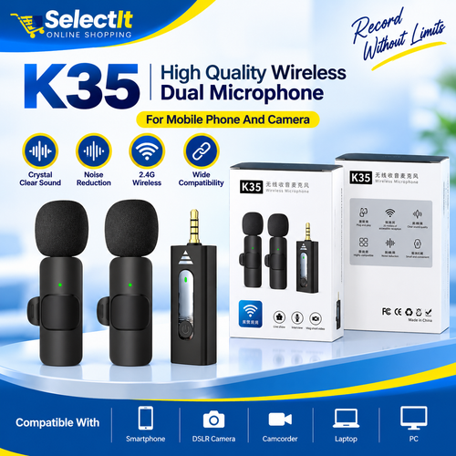 K35 High Quality Wireless Dual Microphone For Mobile Phone And Camera - Vlogging, YouTube, Instagram Live Microphone