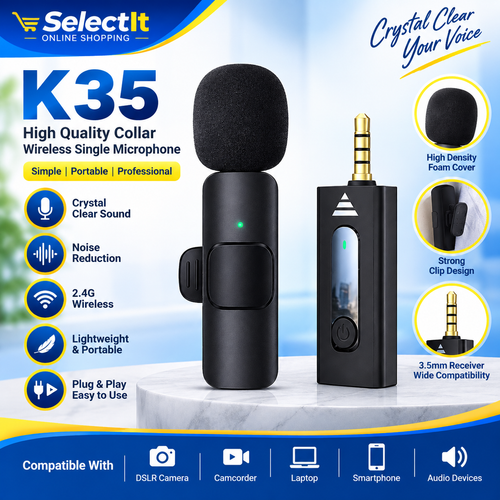 K35 High Quality Collar Wireless Single Microphone Podcast, Vlogging, YouTube Video Making Mic