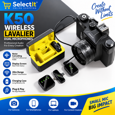 K50 Wireless Lavalier Dual Microphones Noise Cancelling Display Screen Range 20m