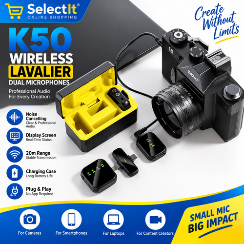 K50 Wireless Lavalier Dual Microphones Noise Cancelling Display Screen Range 20m