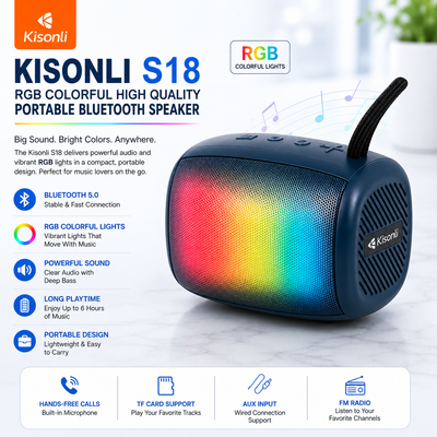High Quality Portable Bluetooth Speaker with Type-C Charging Kisonli S18 RGB - USB, TF Card, AUX, and FM Radio