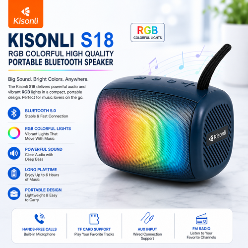 High Quality Portable Bluetooth Speaker with Type-C Charging Kisonli S18 RGB - USB, TF Card, AUX, and FM Radio