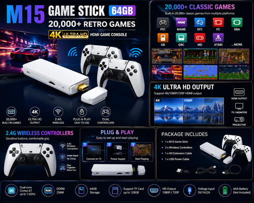 M15 64GB 4K Retro Game Stick with 20,000+ Built-in Games & Dual Wireless Controllers