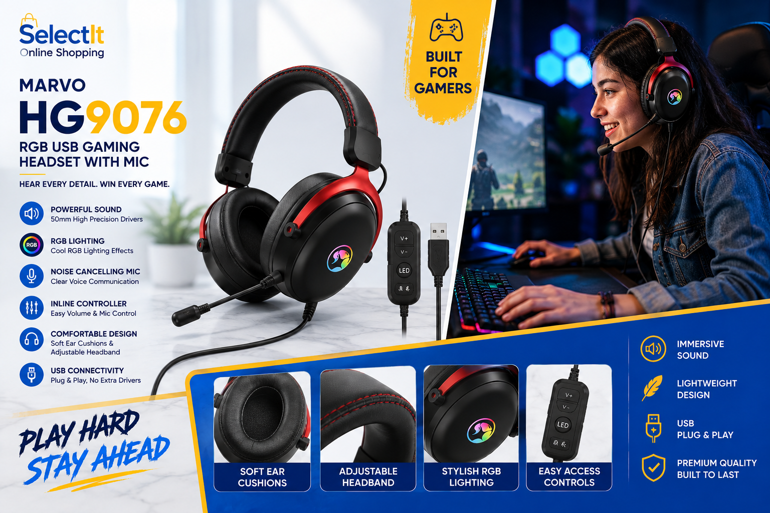 Marvo HG9076 7.1 surround sound RGB gaming headset
