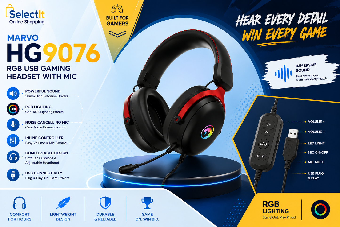 Marvo HG9076 RGB USB gaming headset with microphone
