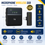 SX8 Wireless Lavalier Microphone with Type-C receiver and noise reduction in compact clip-on design