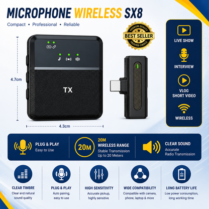 Microphone, SX8 Wireless Mic, Type-C Lavalier Microphone, Wireless Lavalier Microphone, Clip On Microphone, Type-C Microphone