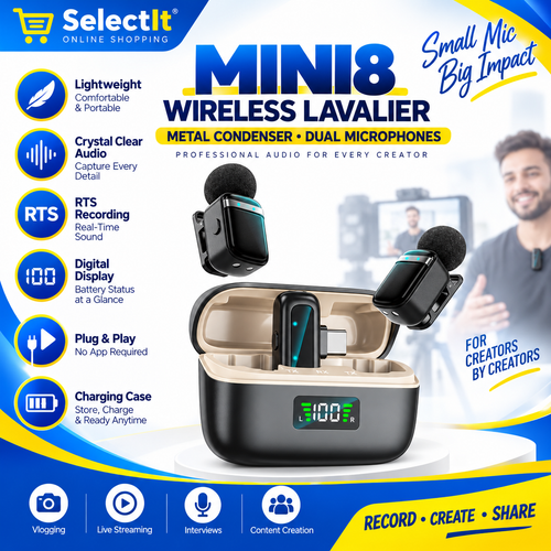 Mini8 RTS Dual Wireless Lavalier Microphone | Metal Condenser Noise Cancelling, Vlogging Mic, Podcast Microphone