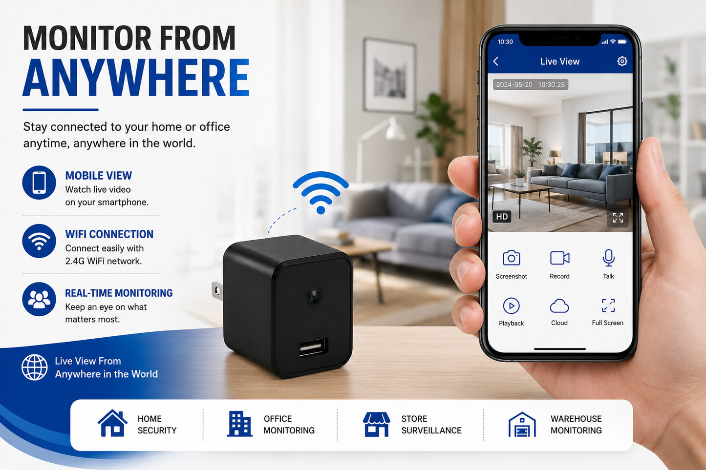 Smart WiFi Camera Charger 1080P HD with Mobile App Access