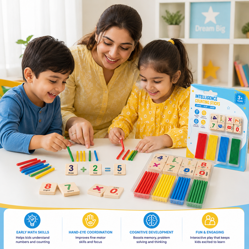 Math Learning Educational Toy for Kids | Wooden Montessori Counting Sticks & Number Cards