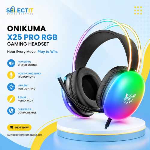 ONIKUMA X25 Pro RGB Gaming Headset with Microphone | 3.5mm Stereo Surround Over-Ear Headphones – Black