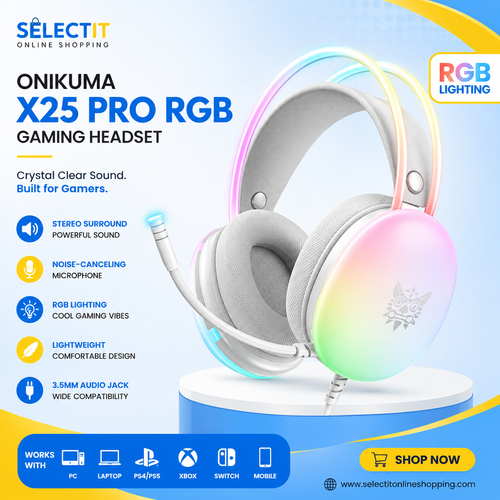ONIKUMA X25 Pro RGB Gaming Headset with Microphone | 3.5mm Stereo Surround Over-Ear Headphones – White