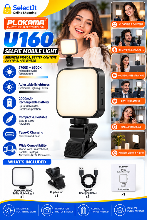 PLOKAMA U160 Selfie Mobile Light – Rechargeable LED Video & Vlogging Light