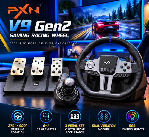 PXN V9 Gen 2 Racing Wheel Set with 3 Pedals and Gear Shifter