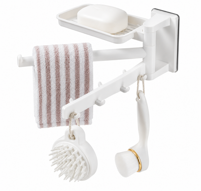 Plastic Rotating Soap Dish with Towel Hanger & Hook | Punch-Free Wall Mounted Bathroom Organizer