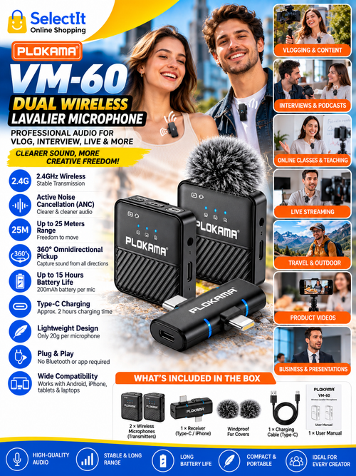 Plokama VM-60 Dual Wireless Lavalier Microphone 2.4GHz Noise Cancelling Mic