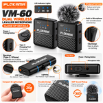 Plokama VM-60 Dual Wireless Lavalier Microphone 2.4GHz Noise Cancelling Mic