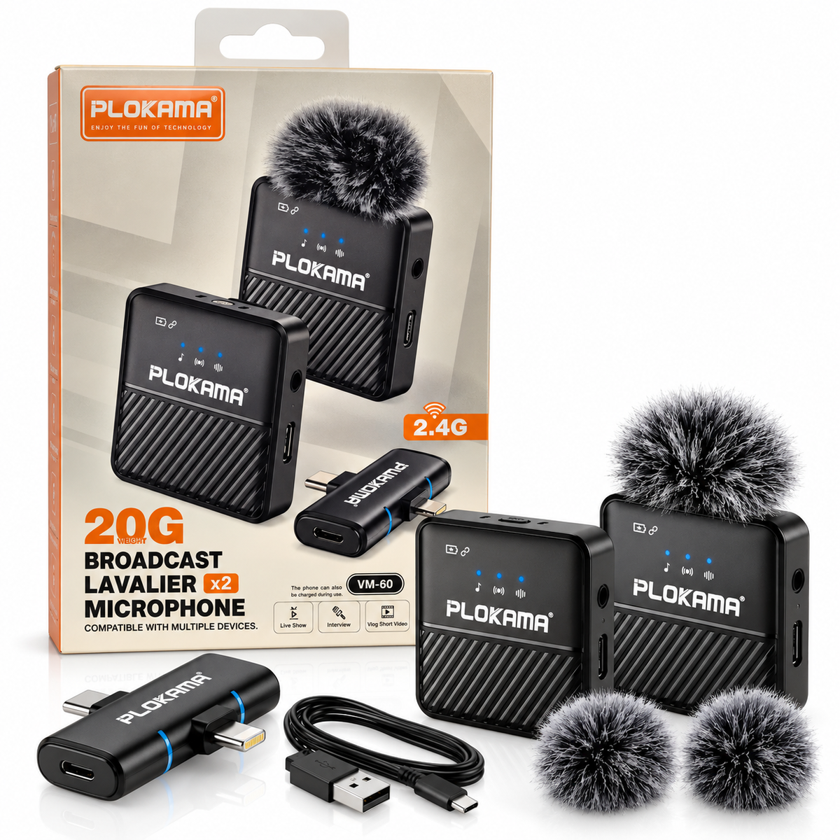 Plokama VM-60 Dual Wireless Lavalier Microphone 2.4GHz Noise Cancelling Mic