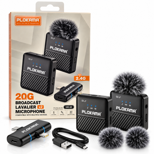 Plokama VM-60 Dual Wireless Lavalier Microphone 2.4GHz Noise Cancelling Mic