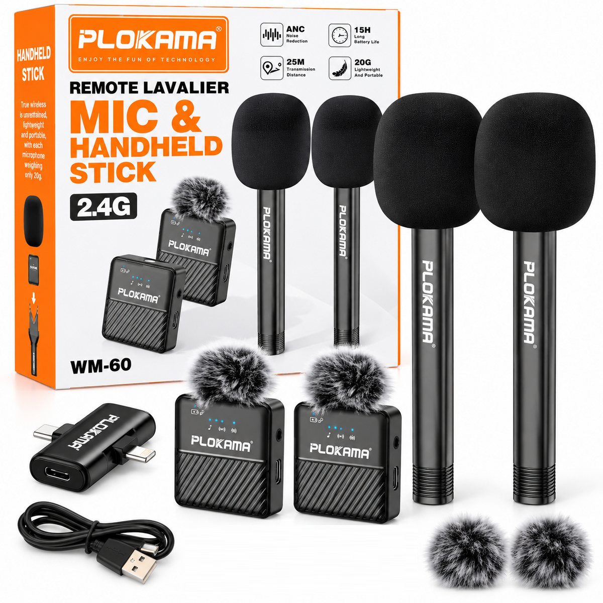 Plokama WM-60 Wireless Dual Microphone with Handheld Stick – 2.4G Mic for Android & iPhone