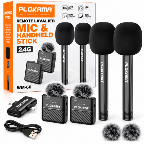 Plokama WM-60 Wireless Dual Microphone with Handheld Stick – 2.4G Mic for Android & iPhone