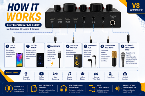 V8 BM-800 Podcast Microphone Set with Live Sound Card & Rechargeable Audio Interface