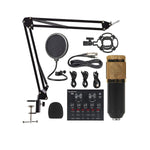 V8 BM-800 Podcast Microphone Set with live sound card and adjustable arm stand.