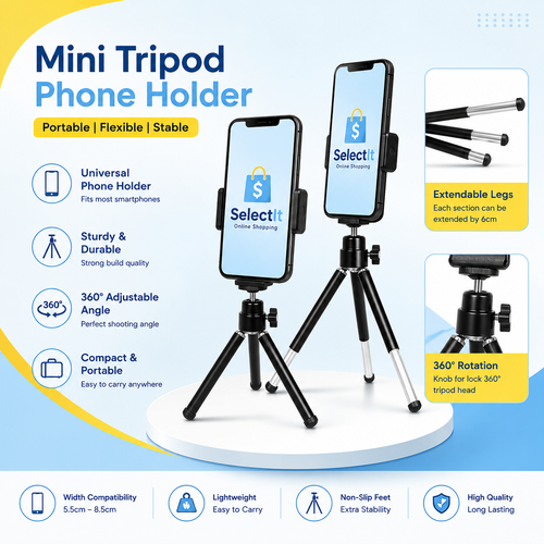 Portable Flexible Mini Tripod with Mobile Phone Holder | Adjustable Smartphone Stand for Selfies & Video Recording Youtube Vlog